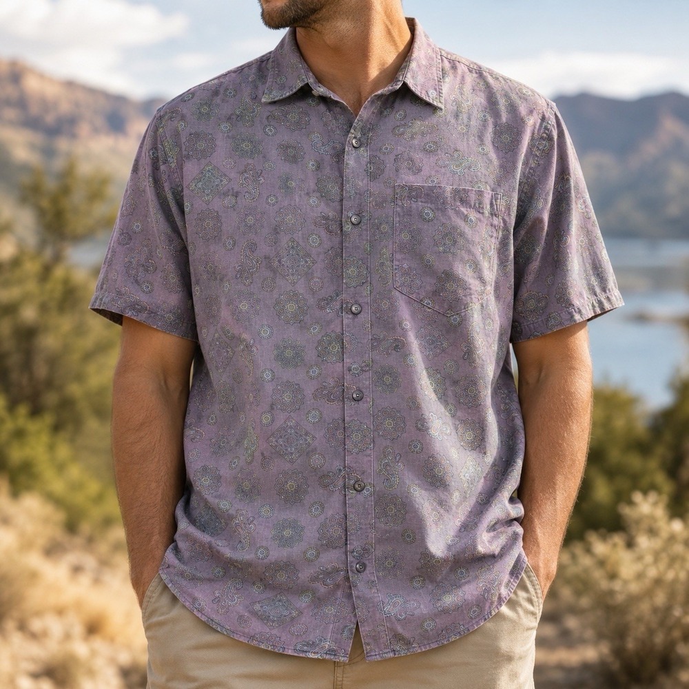 Vintage Premier Shirt Mens XL Purple Paisley Medallion Print Cotton Hong Kong